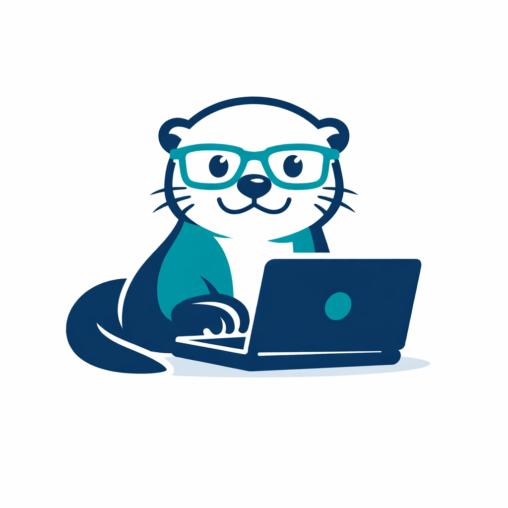 Otto the otter mascot wearing teal glasses and working at a laptop